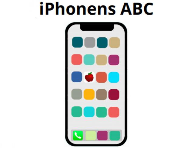 Del av pärmbilden av kompendiet för iPhone, en iPhone med en av apparna på skärmen föreställande ett äpple, texteniPhonens ABC