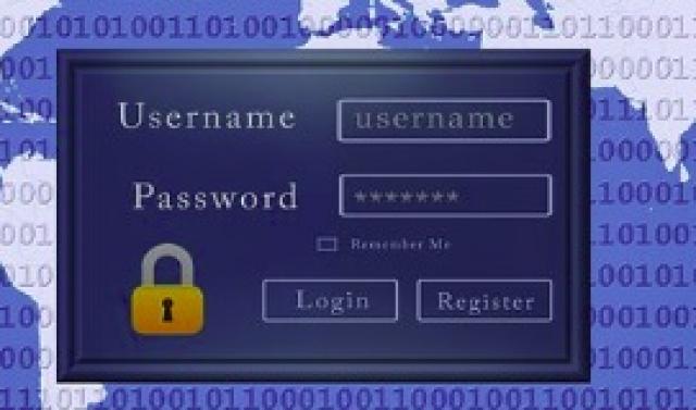 En inloggningsruta med texten Username och Password och rutor för ifyllnad, under syns ett hänglås och knappar med texten Login och Register