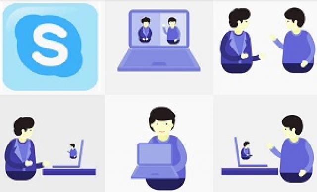 Sex små bilder, den med Skypes logo, en dator med två personer på skärmen, två personer som samtalar, en person framför datorn och en i datorn, en person bakom datorn och sist en person framför datorn och en liten person i datorn