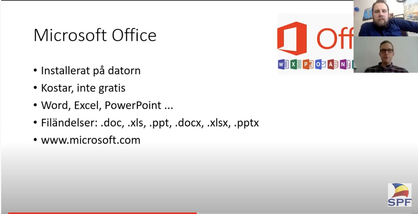 Skärmdump av PowerPoint-presentaionen från mötet med texten Microsoft-office och beskrivning av det programpaketet.