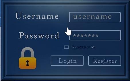 En inloggningsskärm med fält för användarnamn och lösenord, en kryssruta för Kom ihåg mig och knapparna Logga in och Registrera. En markör pekar på användarnamnsfältet. En hänglåsikon visas till vänster.