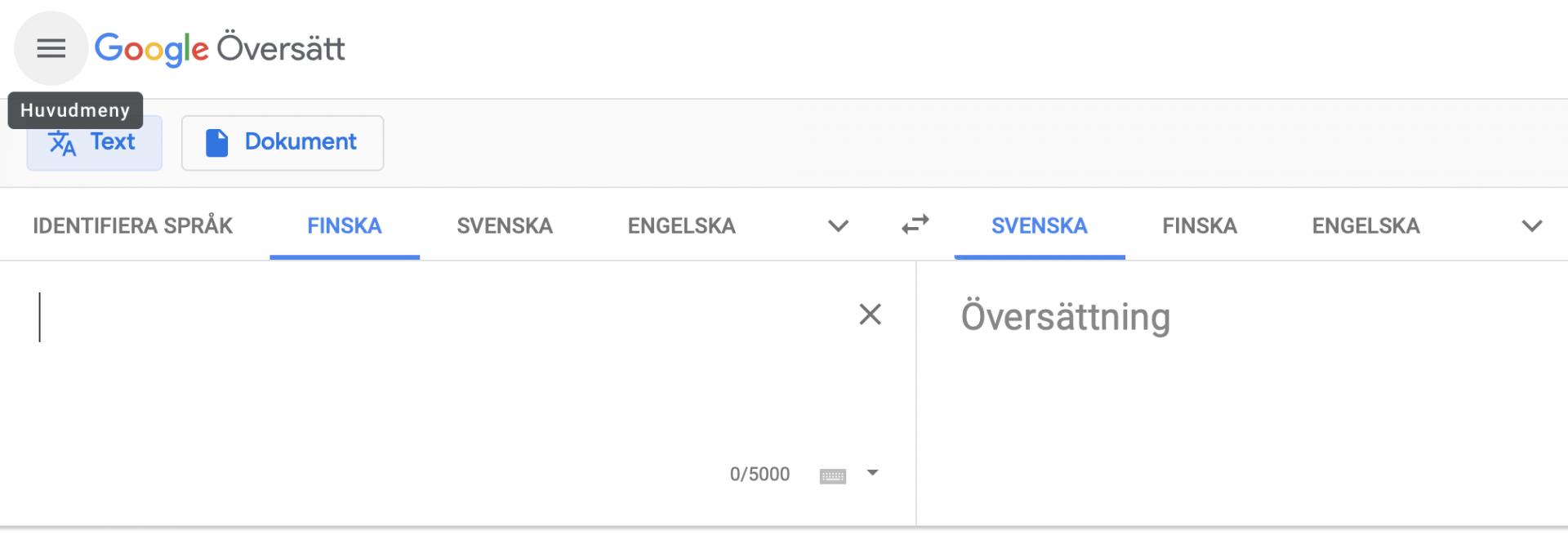 Skärmdump av Google Translate med gränssnittet inställt på svenska. Ordet ”Översättning” är skrivet i den högra textrutan. Språkalternativen som visas är finska, svenska och engelska.