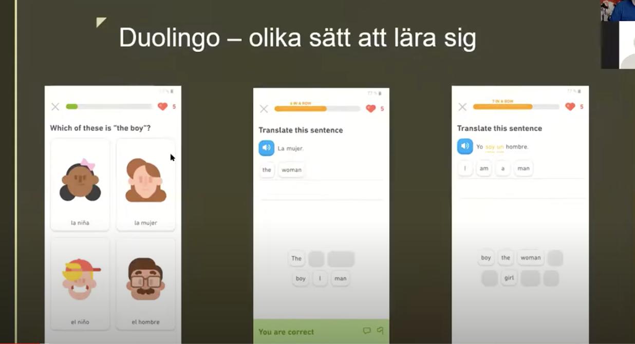 En presentationsbild visar tre skärmdumpar av Duolingo-appen med övningar i att översätta ord och meningar på spanska och engelska; rubriken är på svenska.