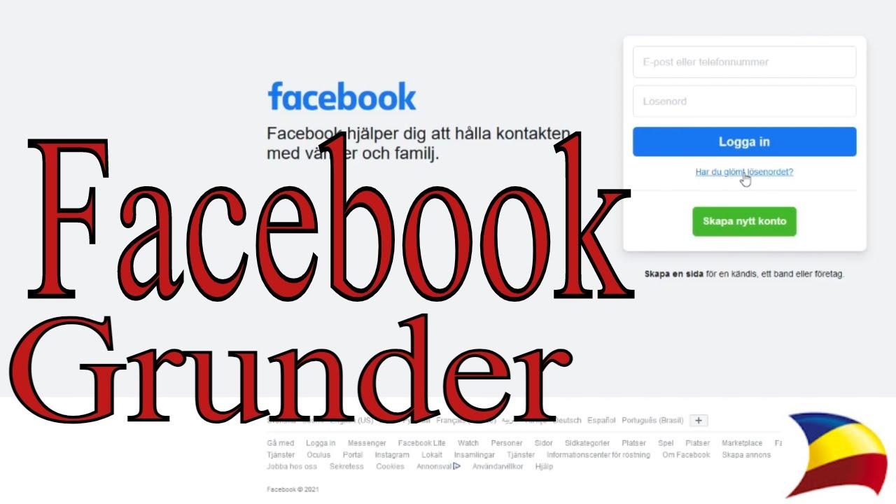 Skärmdump av Facebooks inloggningssida på svenska, med stor röd text som läser Facebook Grunder överlagrad över bilden. Inloggningsformuläret och knapparna för att skapa ett konto är synliga.