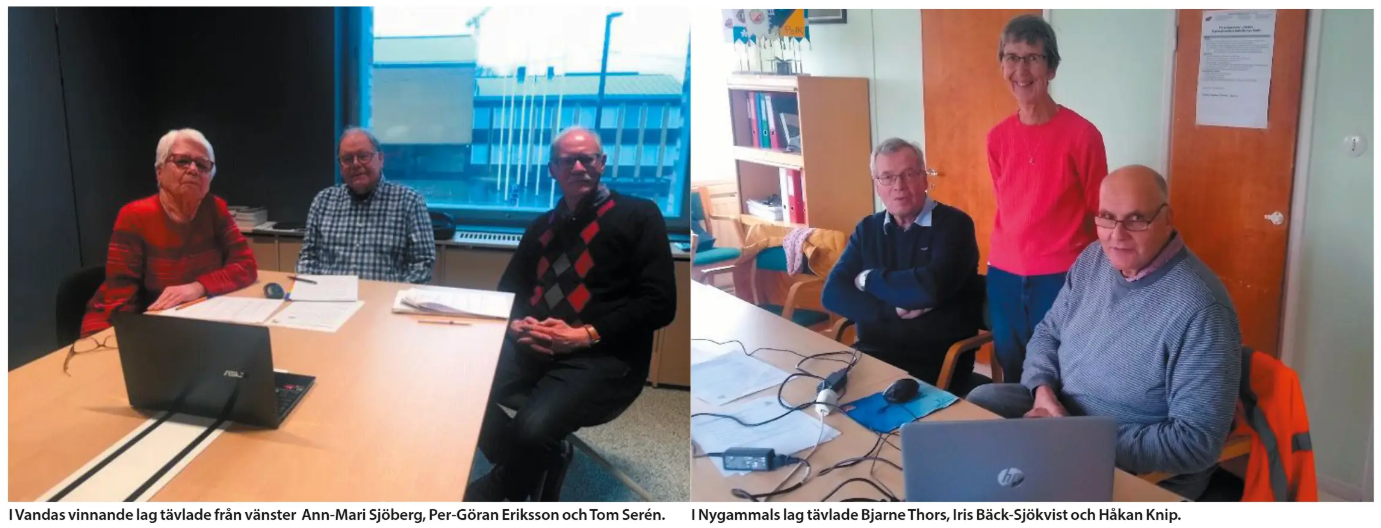 Två grupper med tre äldre personer sitter vid varsitt bord med bärbara datorer och papper i ett ljust rum inomhus. Ett fönster och en vägg med en whiteboard eller skärm syns i bakgrunden. Alla personer är vända mot kameran.