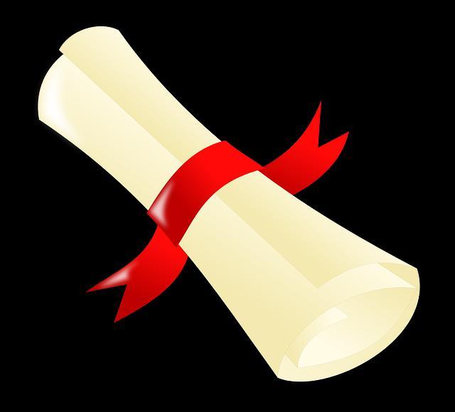 Ett ihoprullat pergament eller diplom bundet med ett rött band, visat mot svart bakgrund.