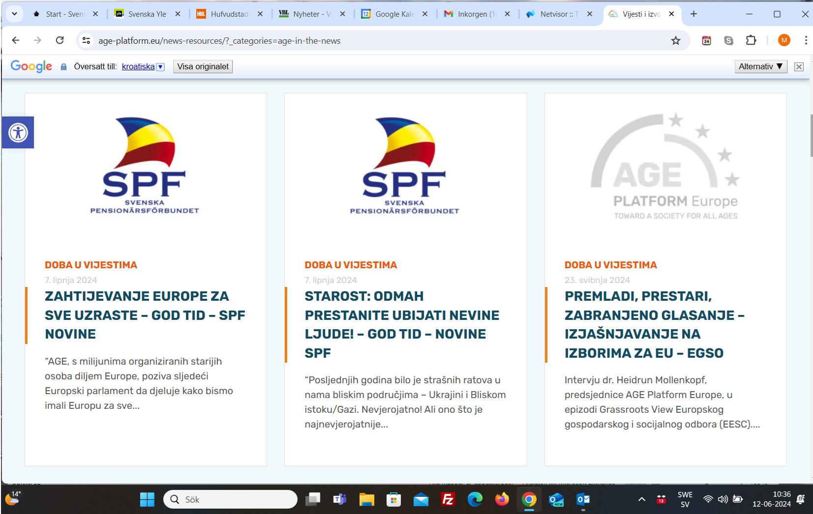 En skärmdump av en webbplats som visar tre nyhetsartiklar med rubriker på kroatiska, logotyper för SPF och AGE Platform Europe, webbläsarflikar och en aktivitetsfält synlig högst upp och längst ner på skärmen.