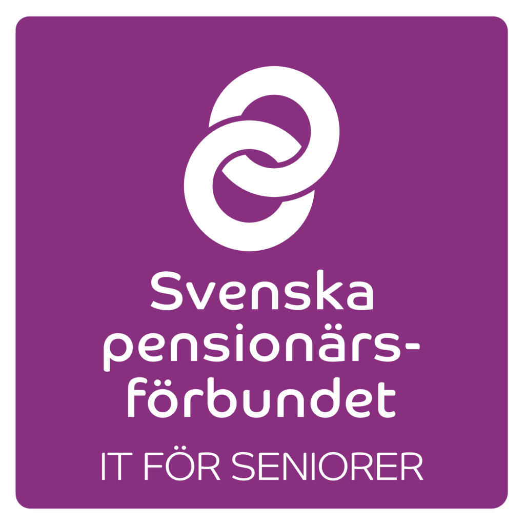 En lila fyrkantig logotyp med två sammankopplade vita ringar ovanför texten Svenska pensionärsförbundet och IT FÖR SENIORER i vitt.