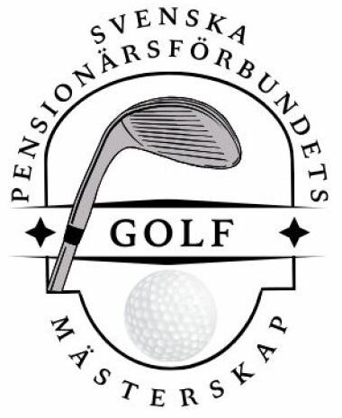En logotyp med en golfklubba och en golfboll, omgiven av text som lyder Svenska Pensionärsförbundets Golf Mästerskap i ett cirkulärt arrangemang.