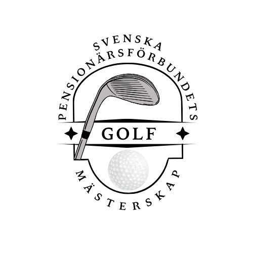 En logotyp med en golfklubba, en golfboll och text på svenska som lyder Svenska Pensionärsförbundets Golf Mästerskap arrangerad i ett cirkulärt mönster runt bilderna.