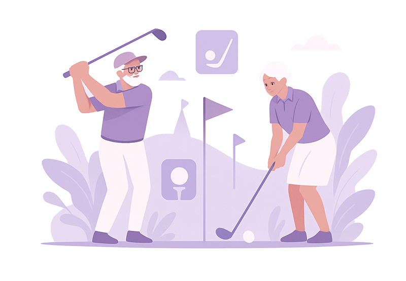 Två äldre vuxna spelar golf utomhus. En person svingar en golfklubba medan den andra förbereder sig för att slå en golfboll. Golfrelaterade ikoner och flaggor syns i bakgrunden, med växter och kullar i mjuka lila toner.