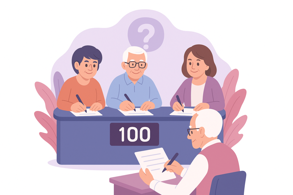 Tre personer sitter vid ett bord med "100" på framsidan och skriver på ett papper. Framför dem sitter en annan person som också skriver. Ett frågetecken visas ovanför de tre vid bordet.