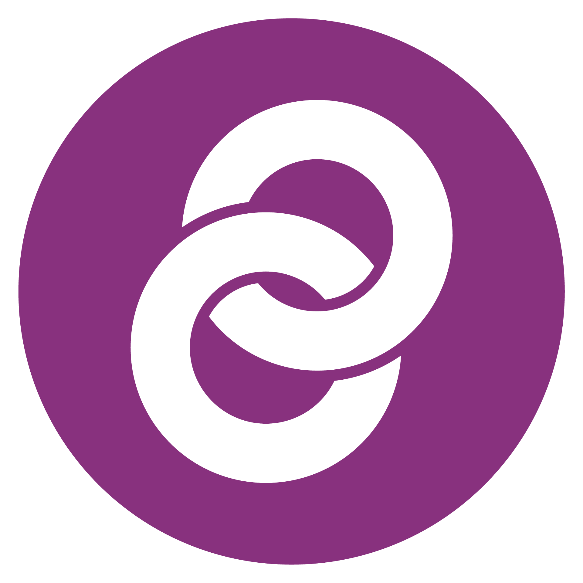 Två sammankopplade vita ringar på en hellila, cirkulär bakgrund.