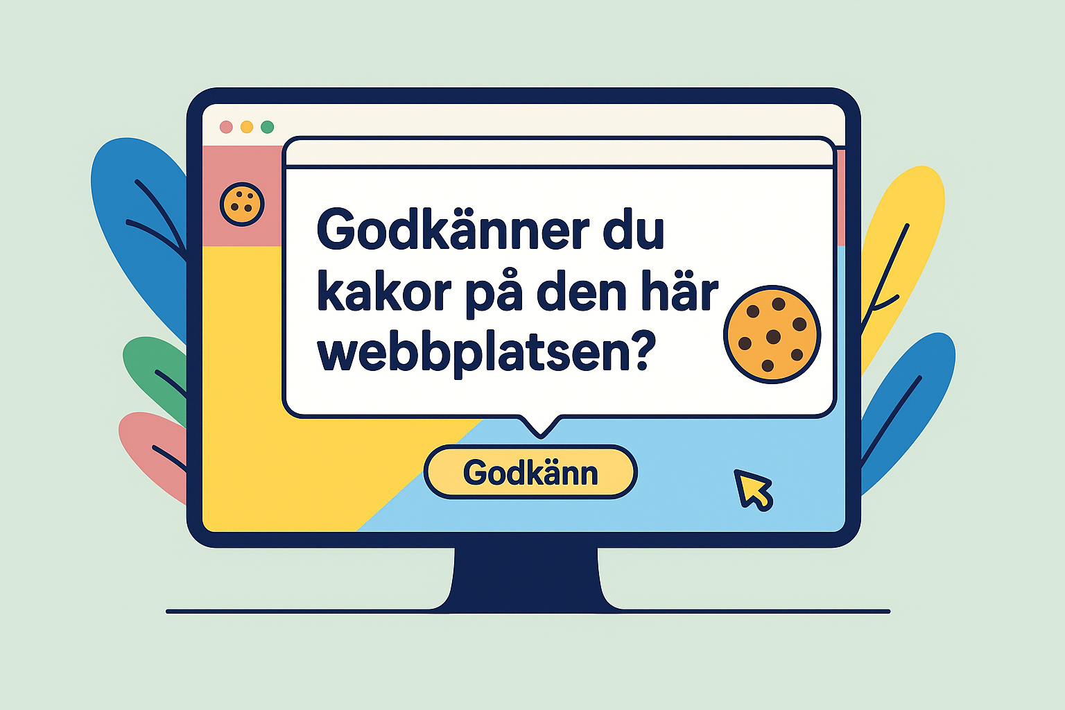 På en datorskärm visas ett popup-meddelande på svenska med frågan "Godkänner du kakor på den här webbplatsen?", en kakikon och en gul knapp med texten "Godkänn". Bakgrunden har färgglada abstrakta former.