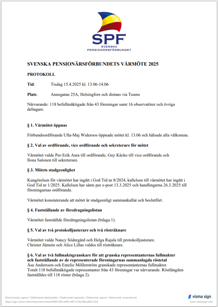 Ett dokument med titeln SVENSKA PENSIONSFÖRBUNDETS VÅRMÖTE 2025 PROTOKOLL med mötesinformation, dagordning och beslut, inklusive val av ordförande och sekreterare samt diskussion om finansiell revision, allt på svenska.