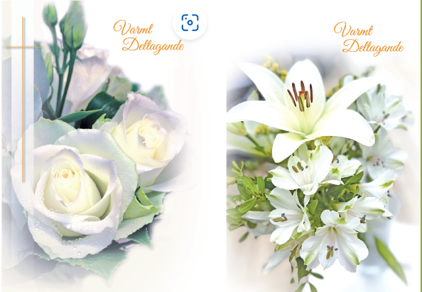 Ett kondoleanskort med vita rosor och liljor, den svenska frasen "Varmt Deltagande" och ett tomt utrymme märkt "Till minnet av" för en minnesanteckning. Kortet har ett litet kors och ett stiftelsenamn längst ned.