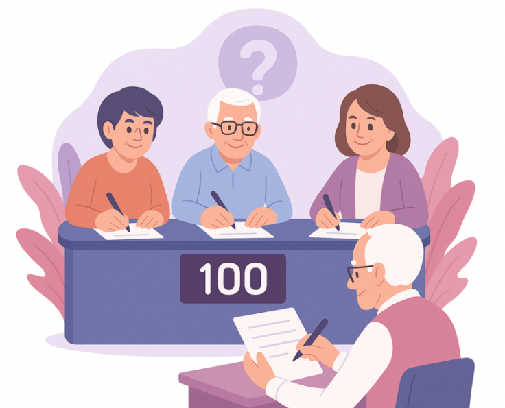Tre personer sitter bakom ett skrivbord märkt 100 och skriver på papper, medan en annan person sitter framför dem och också skriver. I bakgrunden syns ett stort frågetecken.