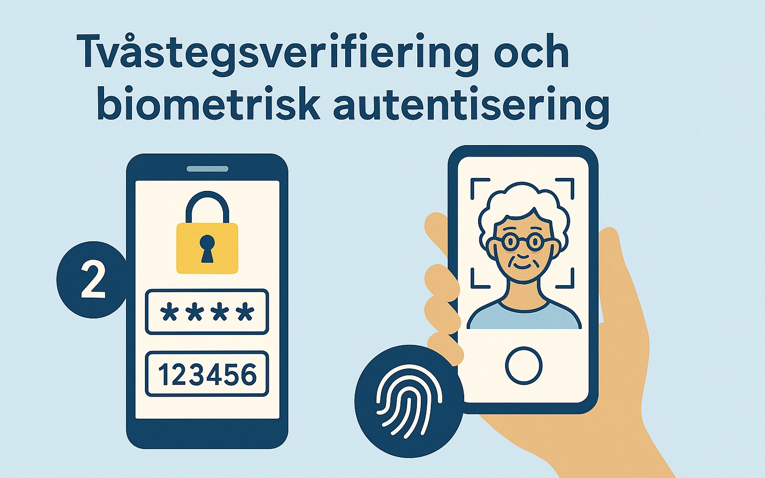 Illustration som visar tvåstegsverifiering med en telefon som visar ett lösenord och en låsikon till vänster, och biometrisk autentisering med en hand som håller en telefon som skannar en persons ansikte till höger. Texten är på svenska.