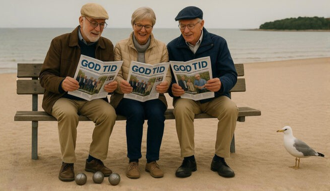 Tre äldre vuxna sitter på en bänk vid en sandstrand och läser tidningar med titeln GOD TID. Tre metallkulor ligger på marken nära deras fötter och en fiskmås står i närheten. Havet syns i bakgrunden.