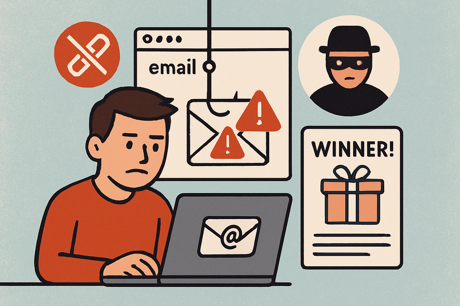 Illustration av en person som använder en bärbar dator med en e-postsymbol, omgiven av ikoner som representerar nätfiske, e-postvarningar, en bedragare i mask och ett falskt meddelande om ett vinnarpris, vilket indikerar en nätbedrägeri eller ett nätfiskeförsök.