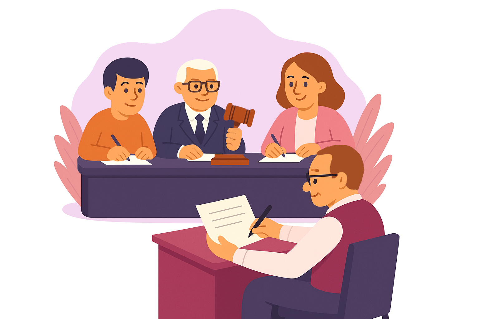 En person sitter vid ett skrivbord med papper och penna, vänd mot en panel med tre personer bakom ett bord; en håller i en ordförandeklubba och alla skriver på papper.