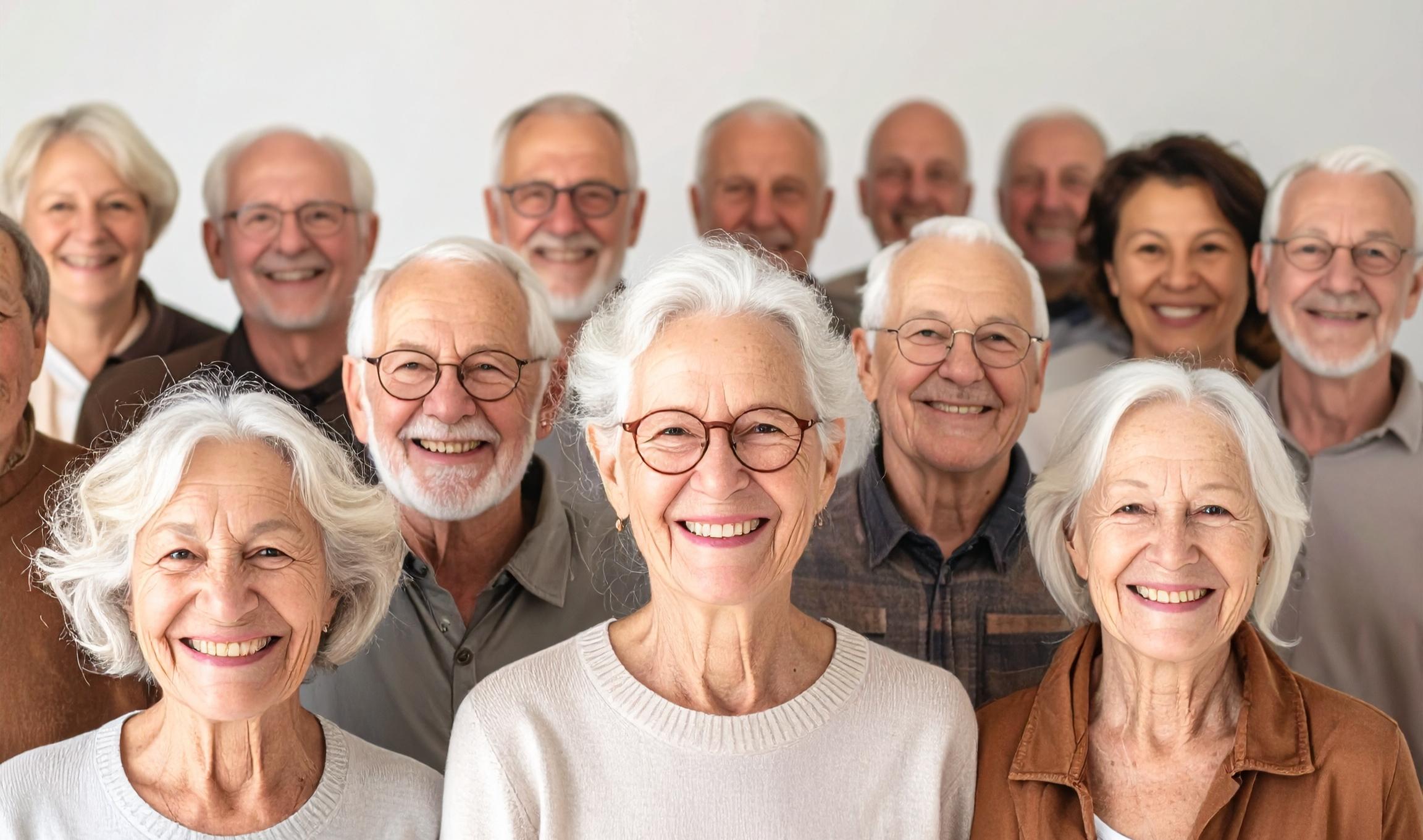 En grupp äldre vuxna, både män och kvinnor, står tätt tillsammans och ler mot kameran. De har grått eller vitt hår och bär glasögon och vardagskläder. Bakgrunden är enfärgad och vit.