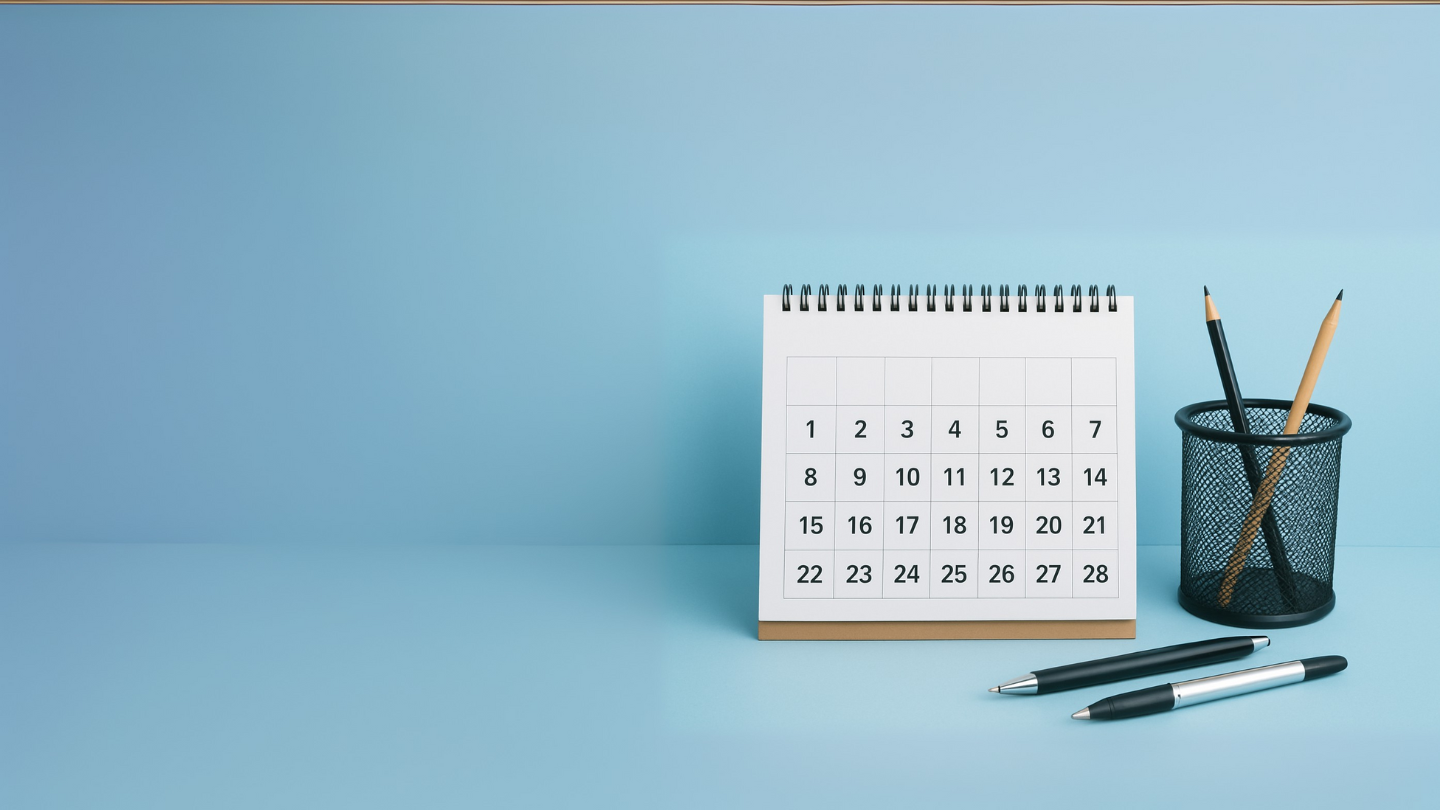 En skrivbordskalender med ett rutnät av datum sitter bredvid en nätkopp med två pennor i. Två pennor ligger på den blå ytan framför dem, mot en vanlig blå bakgrund.