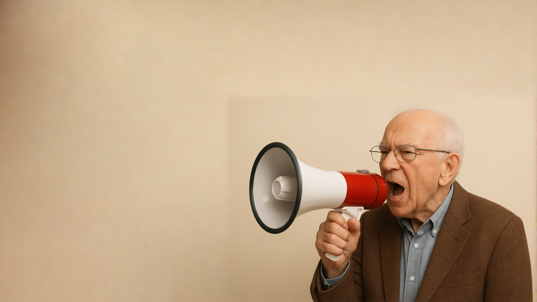 En äldre man med glasögon, klädd i brun kavaj och blå skjorta, ropar i en rödvit megafon mot en beige bakgrund.