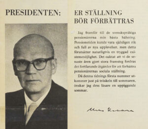 Ett svartvitt porträtt av en skallig, glasögonprydd man i kostym visas bredvid svensk text med den fetstilta rubriken "PRESIDENTEN: ER STÄLLNING BÖR FÖRBÄTTRAS" och en kursiv signatur under meddelandet.