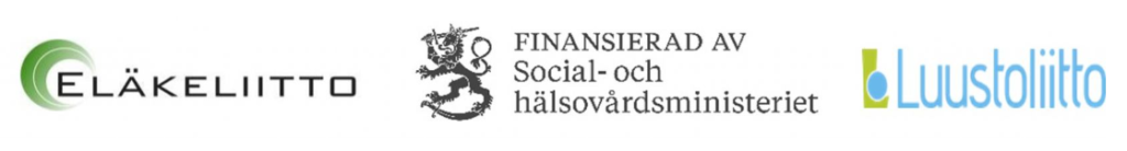 Tre logotyper i rad: Eläkeliitto med en grön cirkelformad design, Finlands social- och hälsovårdsministerium med ett lejonemblem och text, och Luustoliitto med blå och grön text.