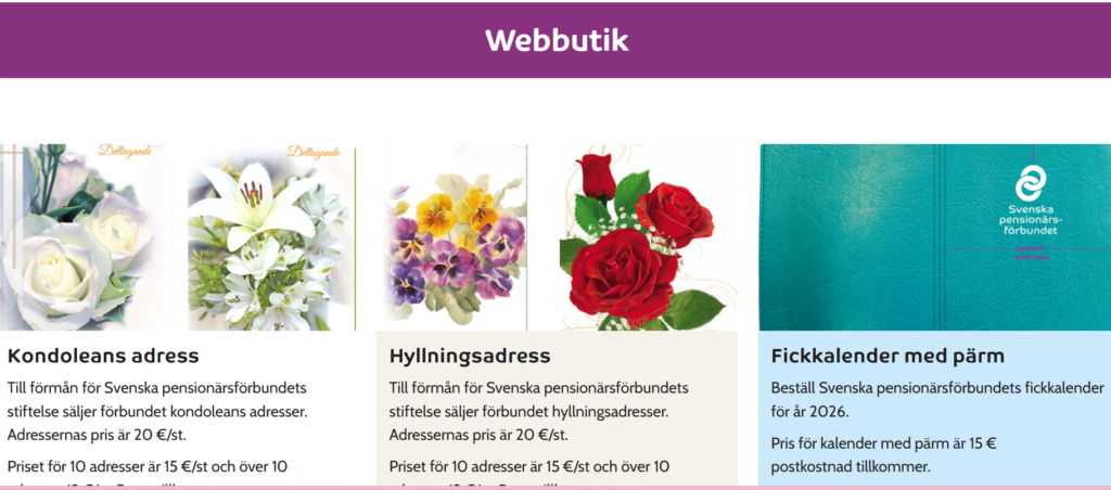 En skärmdump av en webbshopsida som visar kondoleanskort, adresslappar med blomstermotiv och en blå fickkalender för 2026, allt erbjudet av Sveriges Pensionärsförbund.