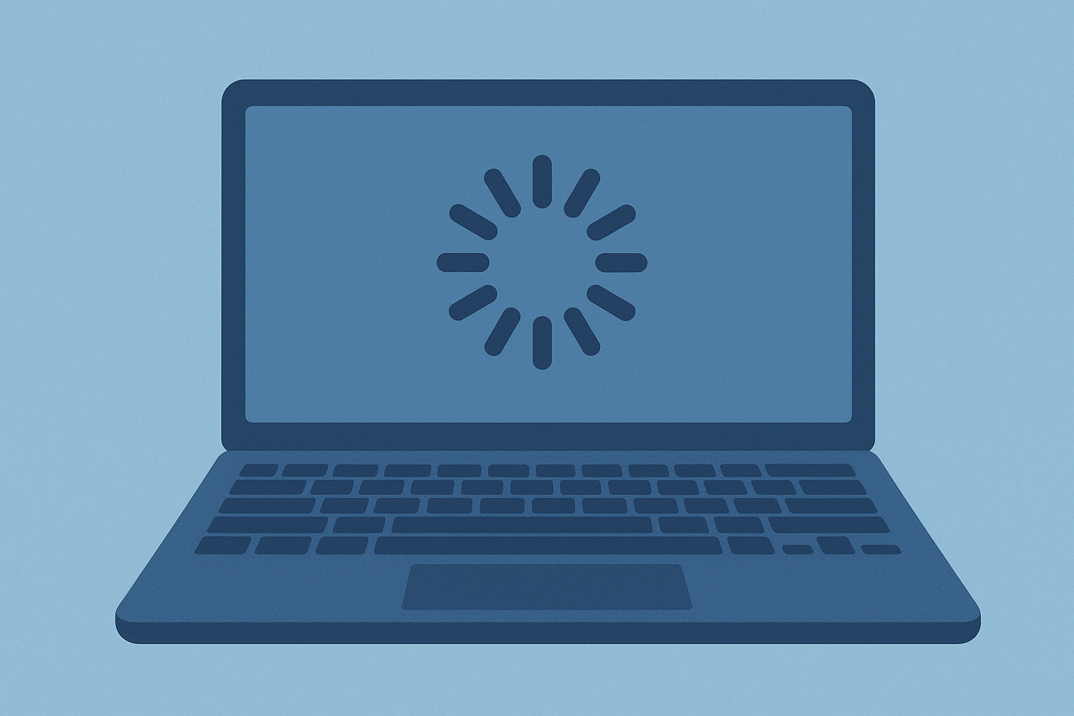 Illustration av en bärbar dator med en laddnings- eller buffringssymbol på skärmen, mot en ljusblå bakgrund.