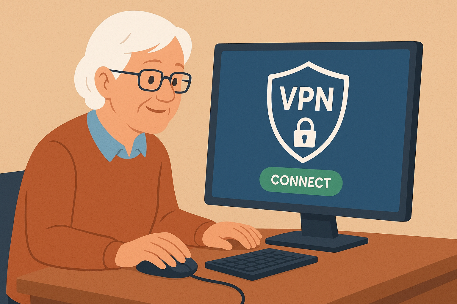 En äldre person sitter vid ett skrivbord och använder en dator. På skärmen syns en VPN-sköld med ett lås och en stor grön Connect-knapp. Personen håller i en mus och tittar på skärmen.