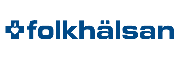 Bilden visar Folkhälsans logotyp, med ett blått kors innehållande ett vitt hjärta och en vit låga, följt av ordet folkhälsan i blå gemener mot en vit bakgrund.