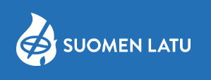 En blå rektangulär logotyp med en vit flammliknande form som innehåller en kompassymbol till vänster om den vita texten SUOMEN LATU på en blå bakgrund.