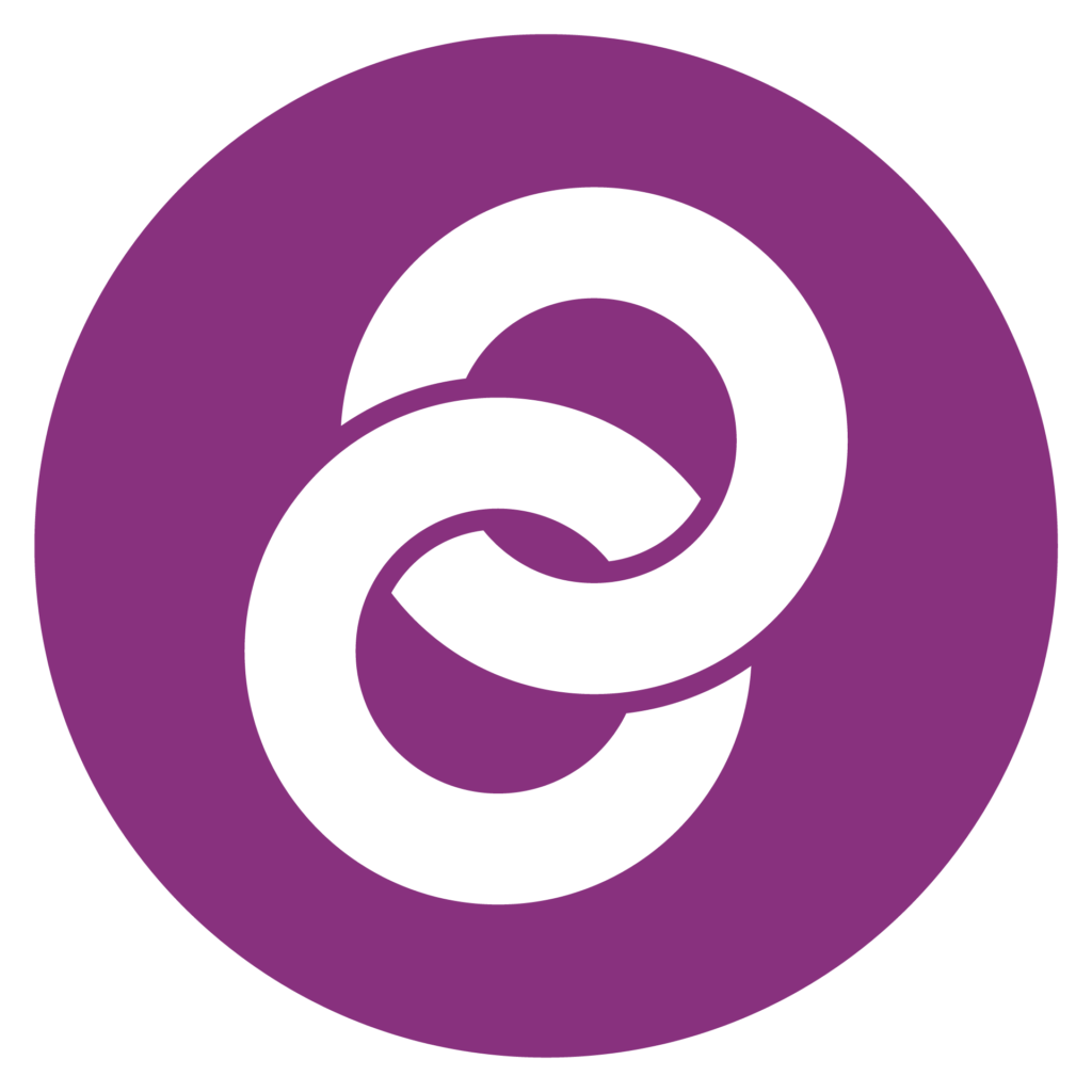 En vit geometrisk design av två sammankopplade cirkelformer på en lila cirkelformad bakgrund.