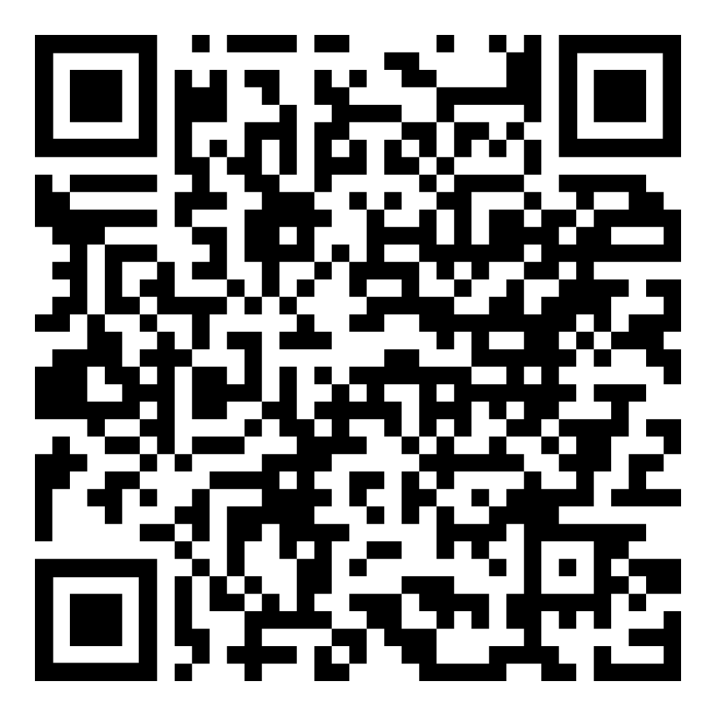 Svartvit QR-kod på vit bakgrund. QR-koden består av ett kvadratiskt rutnät av mindre svarta och vita rutor som är ordnade i ett specifikt mönster för digital skanning. Inga andra element är synliga.