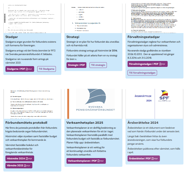 Ett rutnät med sex informationskort med text på svenska, som var och en visar en förhandsgranskning av PDF-dokument, titlar, beskrivningar och knappar för dokument som stadgar, strategi, protokoll och rapporter från en pensionärsförening.