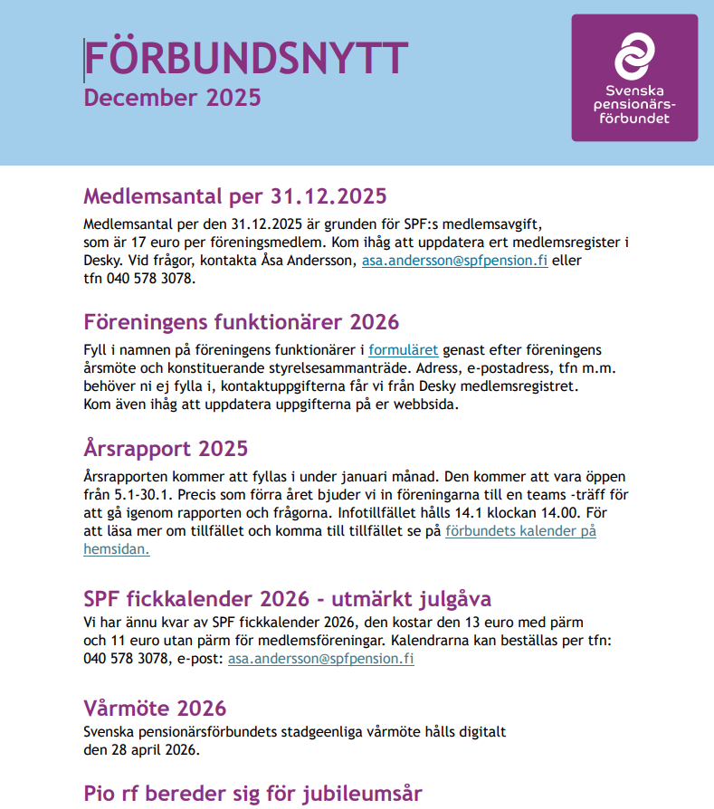 Ett nyhetsbrev på svenska från Sveriges Pensionärsförbund med titeln FÖRBUNDSNYTT december 2025, med avsnitt om medlemsavgifter, insamling av föreningsinformation, årsredovisningar, kalendarium och jubileumsförberedelser.