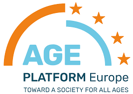 Logotyp för AGE Platform Europe med en delvis orange båge med tre orange stjärnor, en blå båge med en blå stjärna och texten AGE PLATFORM Europe. Mot ett samhälle för alla åldrar.