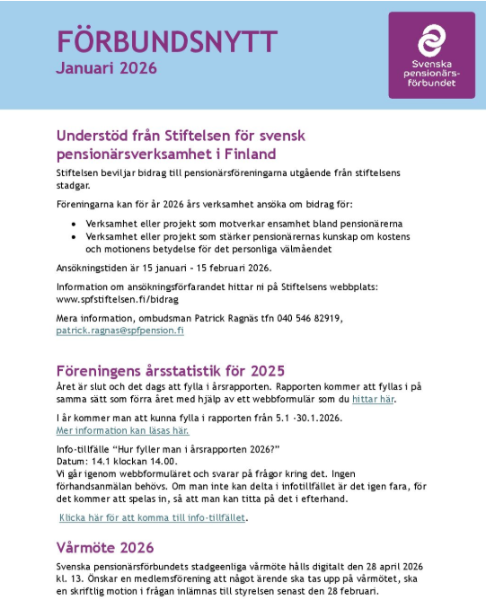 Ett nyhetsbrev på svenska från Sveriges Pensionärsförbund med titeln FÖRBUNDSNYTT december 2025, med avsnitt om medlemsavgifter, insamling av föreningsinformation, årsredovisningar, kalendarium och jubileumsförberedelser.
