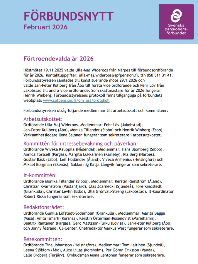 Ett nyhetsbrev på svenska från Sveriges Pensionärsförbund med titeln FÖRBUNDSNYTT december 2025, med avsnitt om medlemsavgifter, insamling av föreningsinformation, årsredovisningar, kalendarium och jubileumsförberedelser.