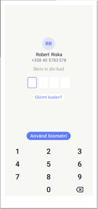 Mobil inloggningsskärm med uppmaning att ange en kod, som visar en användarprofil med initialerna RR, telefonnummer och alternativ för att använda biometri eller återställa en glömd kod. Ett numeriskt tangentbord visas längst ned.