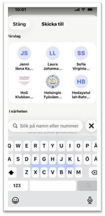 En smartphone-skärm visar ett gränssnitt för en meddelandeapp med kontakter längst upp och ett sökfält ovanför ett tangentbord längst ner. Tiden längst upp visar 10:01.