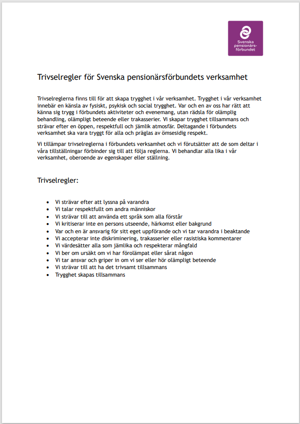 Ett svenskt dokument med titeln Trivselregler för Svenska pensionärsförbundets verksamhet med regler och riktlinjer för att främja välbefinnande och respektfullt beteende inom organisationen. Svenska pensionärsförbundets logotyp finns längst upp till höger.