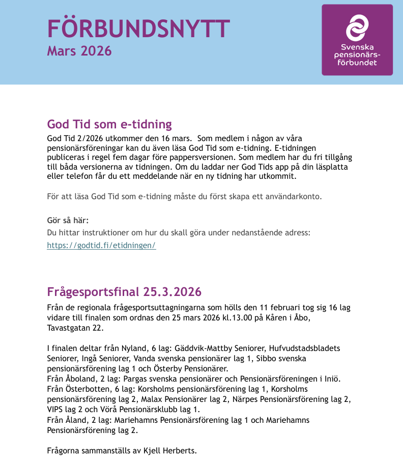 Ett nyhetsbrev på svenska från Sveriges Pensionärsförbund med titeln FÖRBUNDSNYTT december 2025, med avsnitt om medlemsavgifter, insamling av föreningsinformation, årsredovisningar, kalendarium och jubileumsförberedelser.