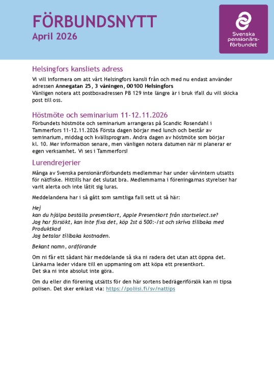 Ett nyhetsbrev på svenska från Sveriges Pensionärsförbund med titeln FÖRBUNDSNYTT december 2025, med avsnitt om medlemsavgifter, insamling av föreningsinformation, årsredovisningar, kalendarium och jubileumsförberedelser.