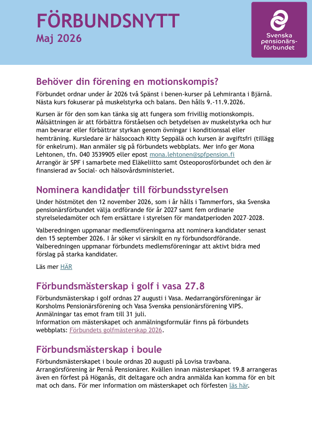 Ett nyhetsbrev på svenska från Sveriges Pensionärsförbund med titeln FÖRBUNDSNYTT december 2025, med avsnitt om medlemsavgifter, insamling av föreningsinformation, årsredovisningar, kalendarium och jubileumsförberedelser.