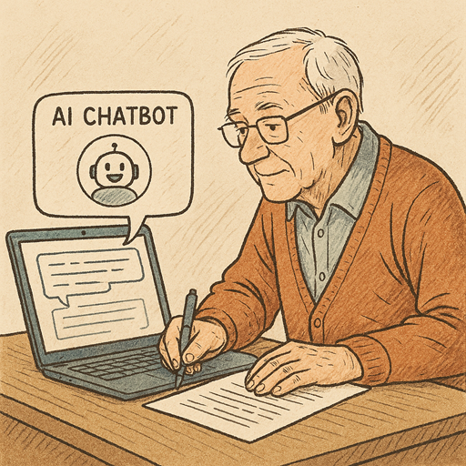 En äldre man med glasögon och brun kofta skriver på ett papper medan han tittar på en bärbar dator. En pratbubbla från den bärbara datorn visar en ikon märkt AI Chatbot och text på skärmen.