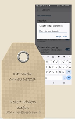En bagagetag med kontaktuppgifter visas bredvid en telefonskärm där det står att man kan lägga till text på låsskärmen, och där ett exempel samt ett tangentbord syns.